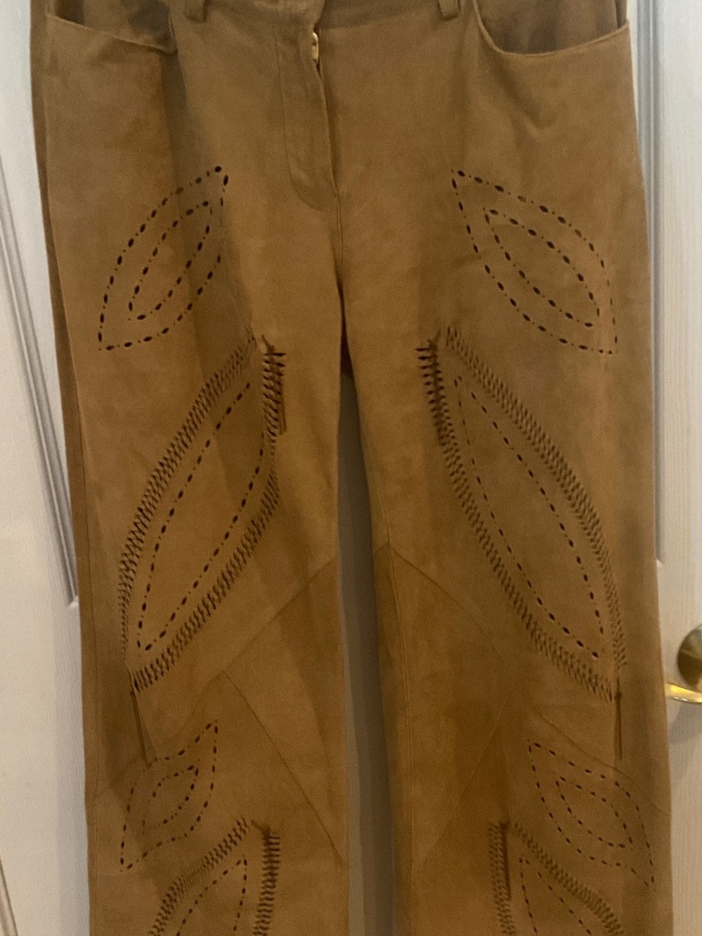 Brown Suede Pants with Leaf Cutout Embroidery & Chain Details